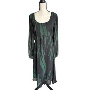 NWT Bella Dress Blue Green Black Midi Sheer Long Sleeves Abstract Pattern 14W